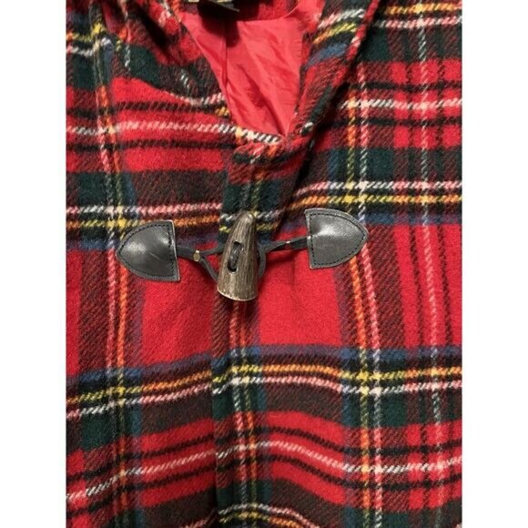 Vintage 90s Eddie Bauer Wool Red Tartan Plaid Long Coat Jacket Toggles Size S - Picture 9 of 16